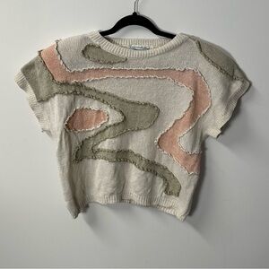 SHENANIGANS women's cream pink green chunky knit short sleeve sweater, M.